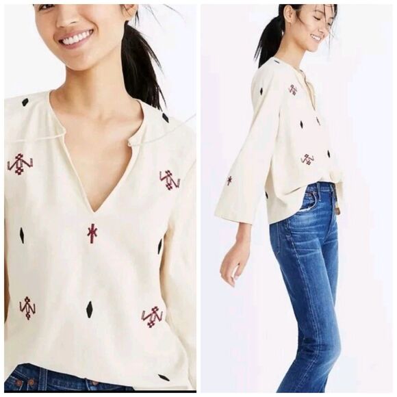 Madewell Tops - Madewell Women Shirt Small Silk Red Embroidered Aztec Print Tassel Poms Top